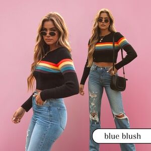 Blue Blush Boutique Rainbow Ribbed Long Sleeve Shirt - Size Small